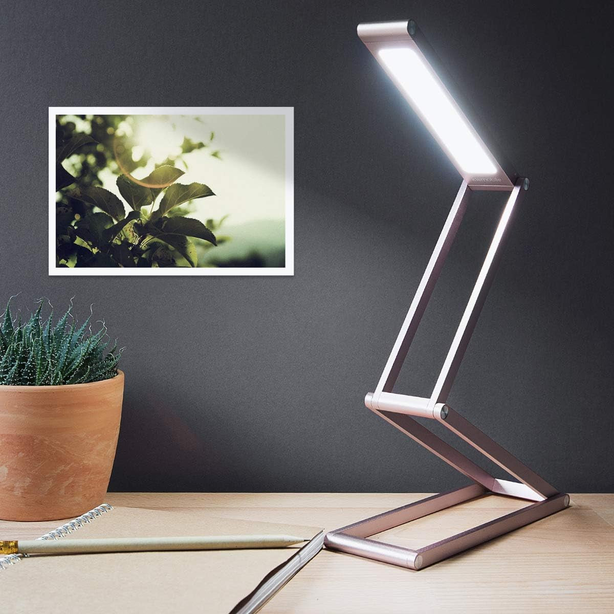 Foldable LED Desk Lamp - Folding Portable USB Table Light with 3 Brightness Settings - for Home, Reading, Studying, Work, Travel - Rose Gold