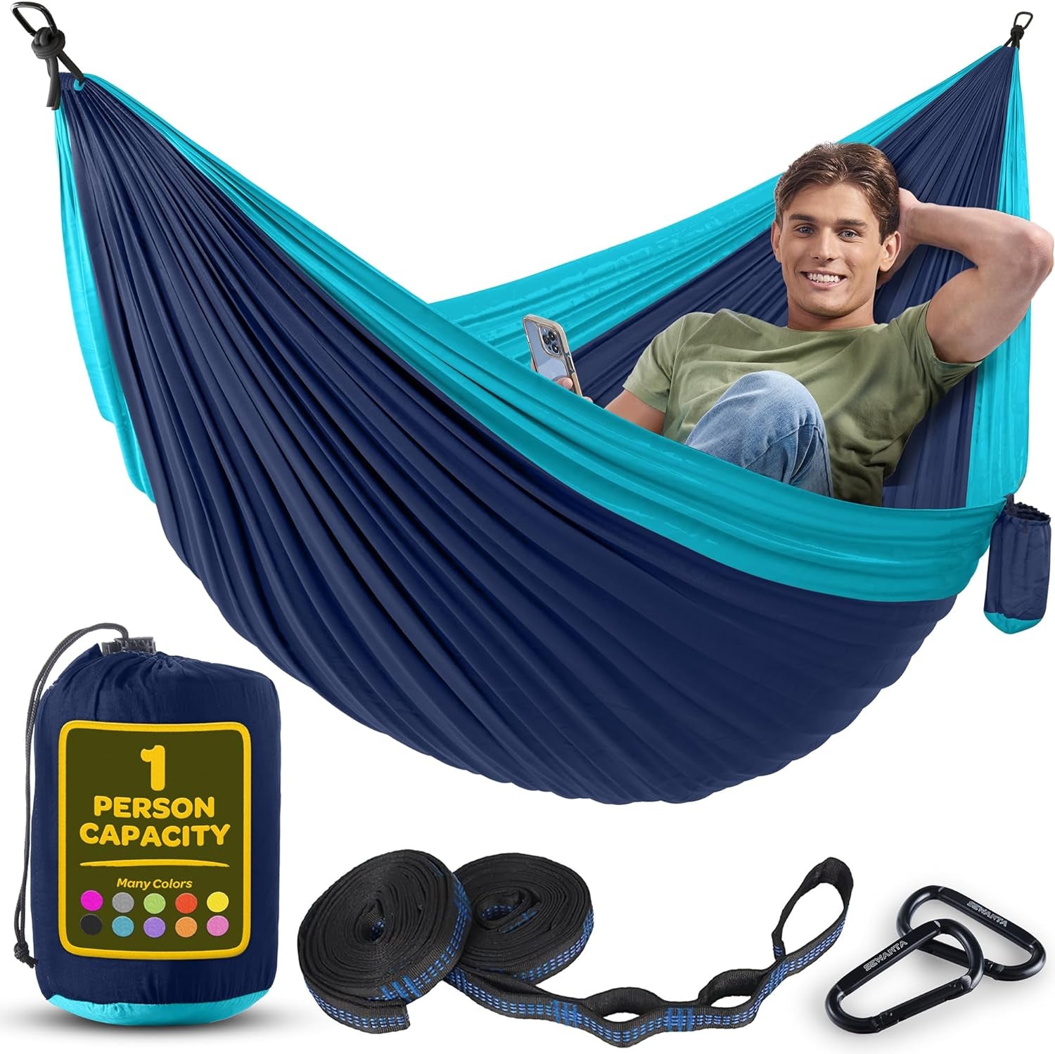 Durable Hammock 400 Lb Capacity, Nylon Camping Hammock Chair - Double or Single Sizes W/Tree Straps and Attached Carry Bag - Portable for Travel/Backpacking/Beach/Backyard (Medium, Blue & Light Blue)