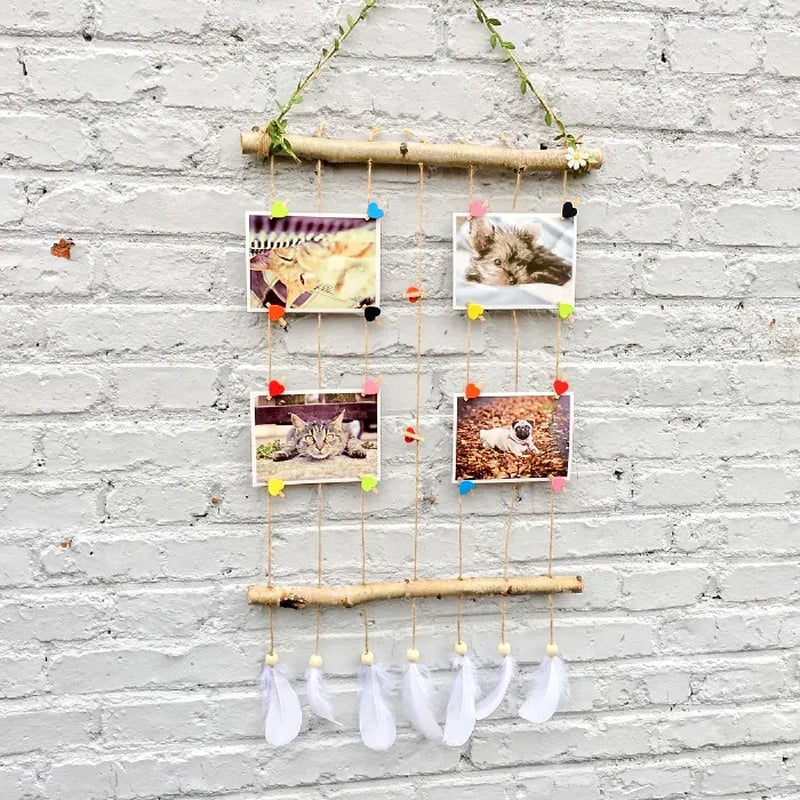 Macrame Wall Hanging Picture Frames Set Collage Photos Display with Wooden Stick and Rope Pictures Organizer with 7Pcs Feathers