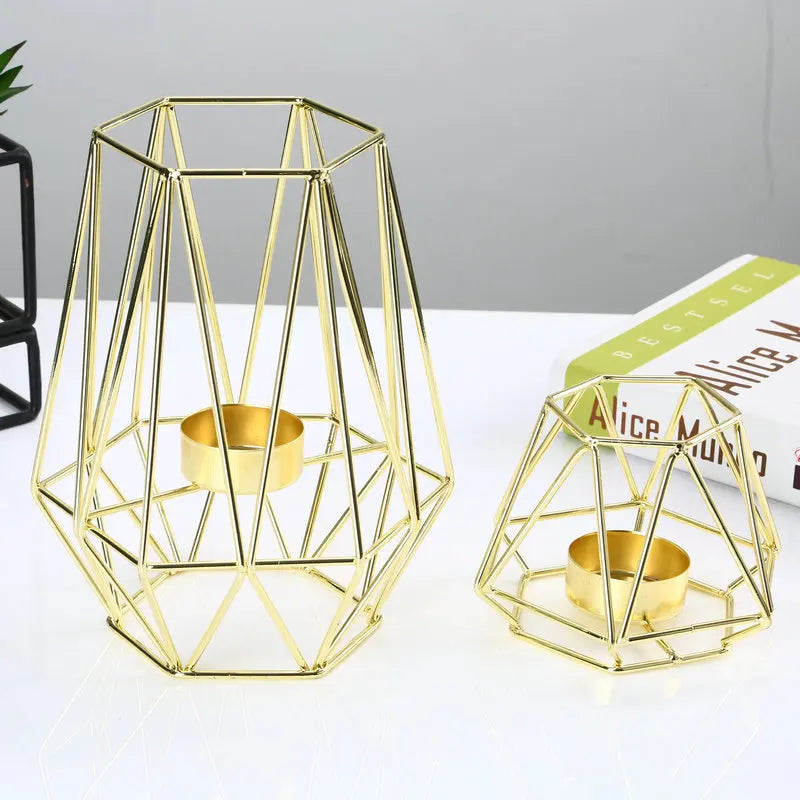 Set of 2 Gold Geometric Metal Tealight Candle Holders for Living Room & Bathroom Decorations - Centerpieces for Wedding & Dining