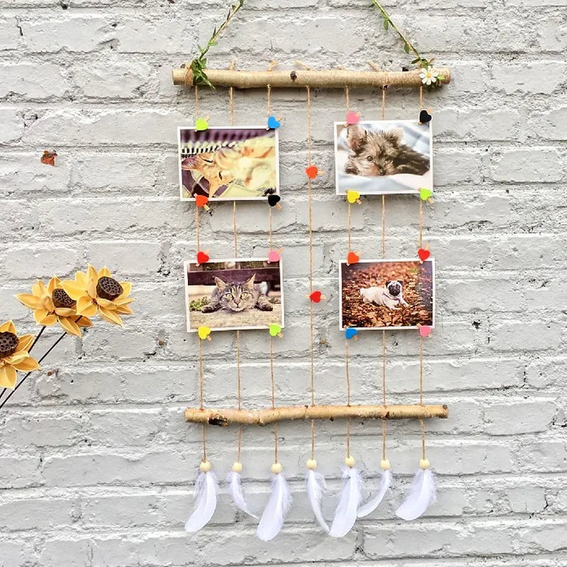 Macrame Wall Hanging Picture Frames Set Collage Photos Display with Wooden Stick and Rope Pictures Organizer with 7Pcs Feathers