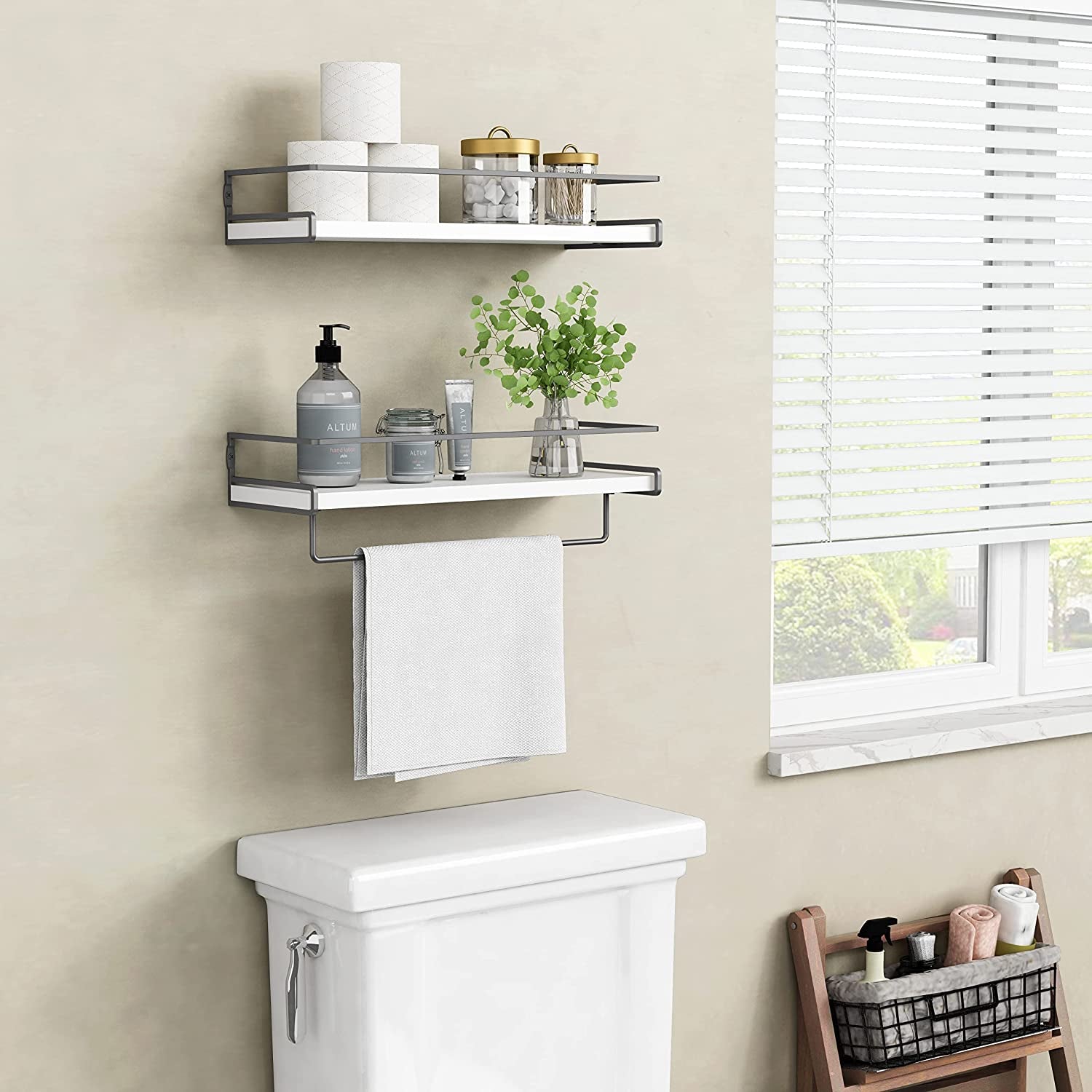 White Floating Shelves for Bathroom Organizer over Toilet, Bathroom Shelves Wall Mounted with Towel Rack, Corner Wall Shelf for Bedroom Decor Kitchen Storage (White-Dark Grey, Set of 2)