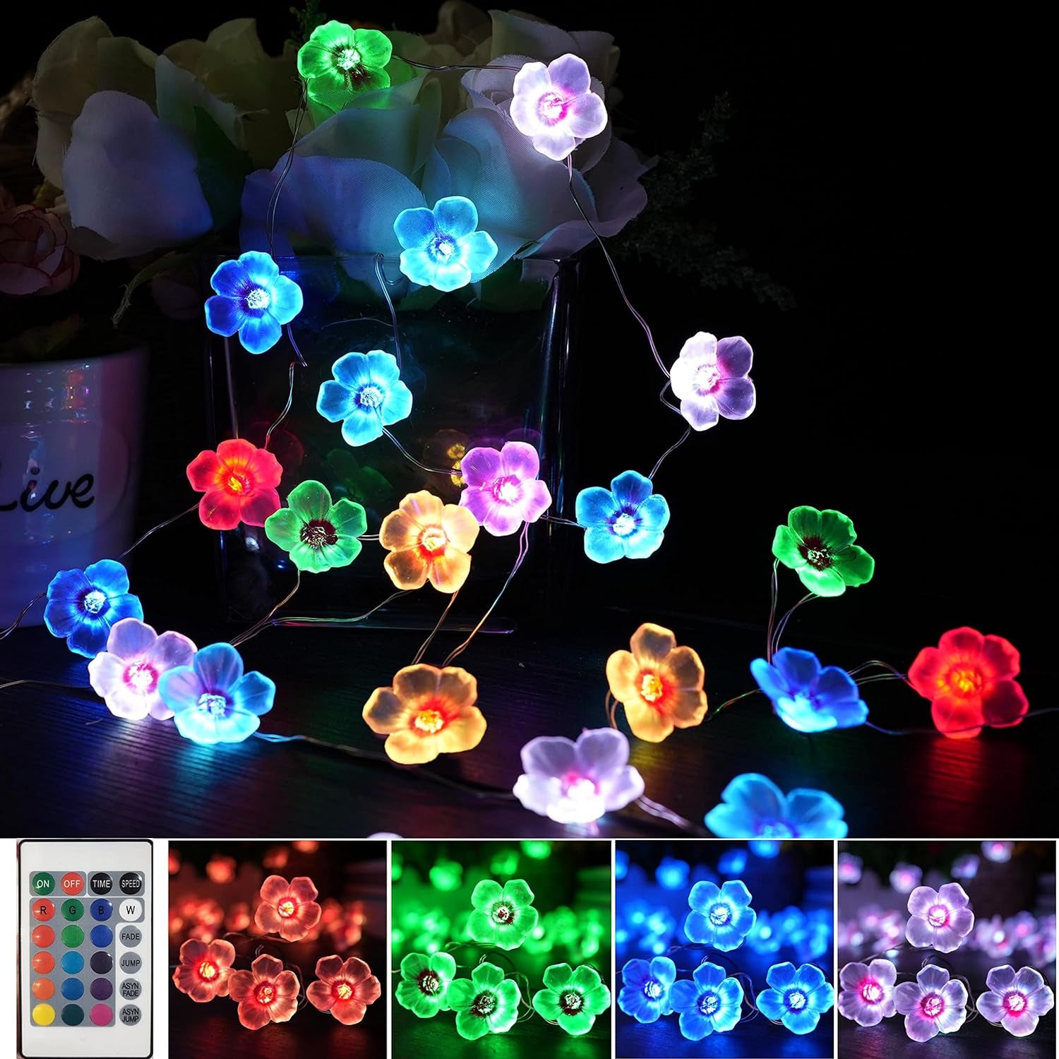 Multicolor Cherry Blossom Flower String Lights, 40LED RGB Flower Light 16 Colors 13FT Fairy Lights USB and Battery Operated with Remote Control, Decorative Light for Bedroom, Garden, Home, Wedding