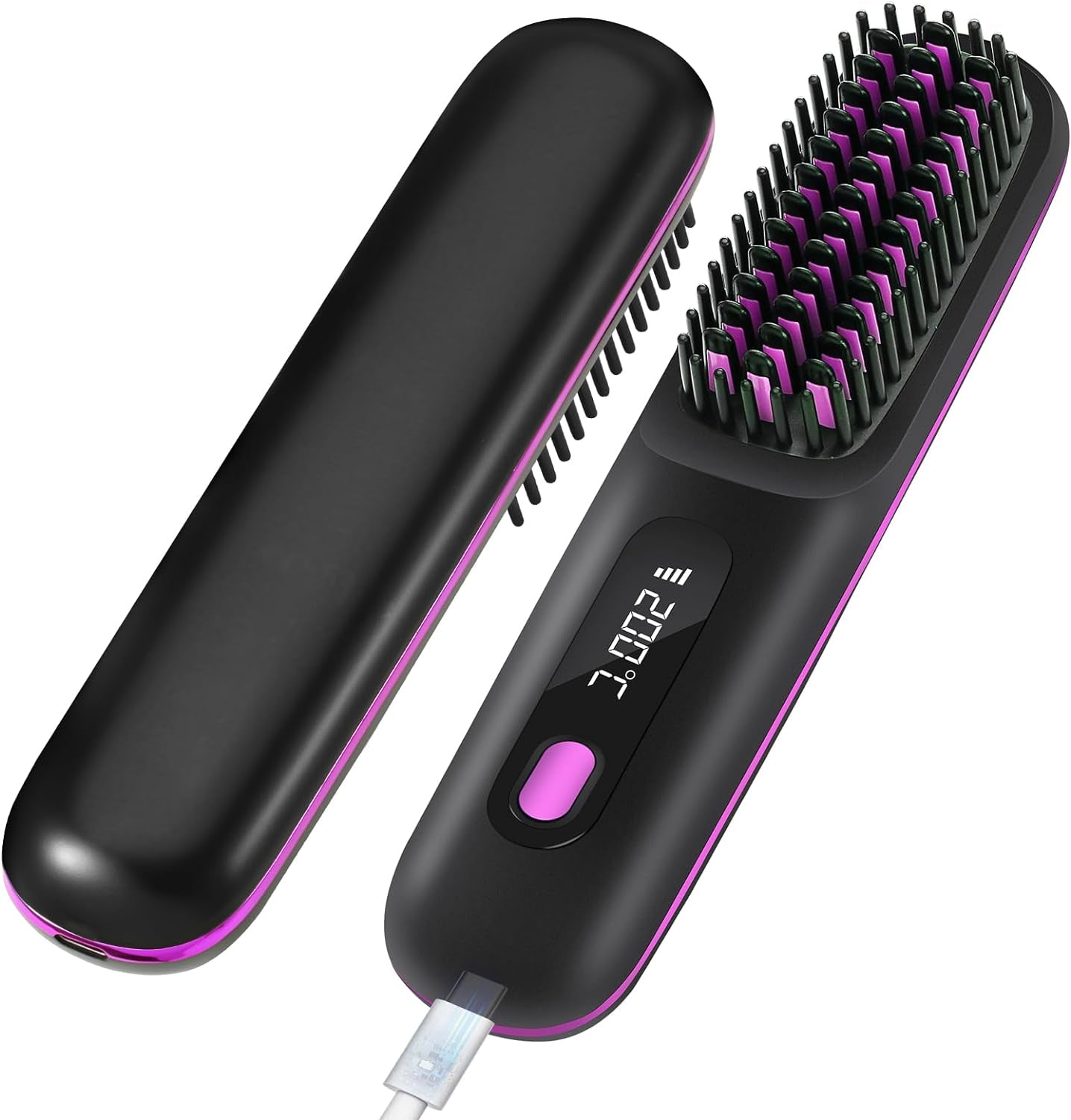 Cordless Hair Straightener Brush - Portable Mini Straightening Brush for Travel, Negative Ion Hot Comb for Women, Anti-Scald, Ceramic Coating - Black