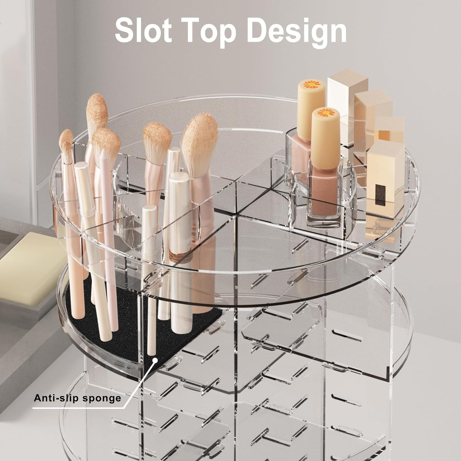 360 Rotating Makeup Organizer, Spinning Skincare Organizers with Slot Top, Cosmetic Storage Shelf with 8 Adjustable Layers, Revolving Perfume Organizer for Vanity Bathroom Countertop Bedroom