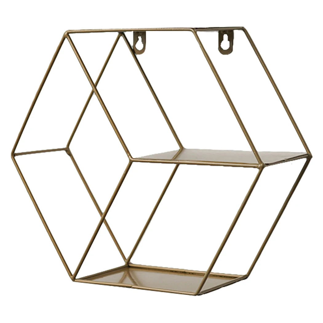 Nordic Style Wall Mounted Floating Hexagon Shelf Metal Iron Framed Storage Holder Rack with Non-Trace Hook Geometric Frame Stand