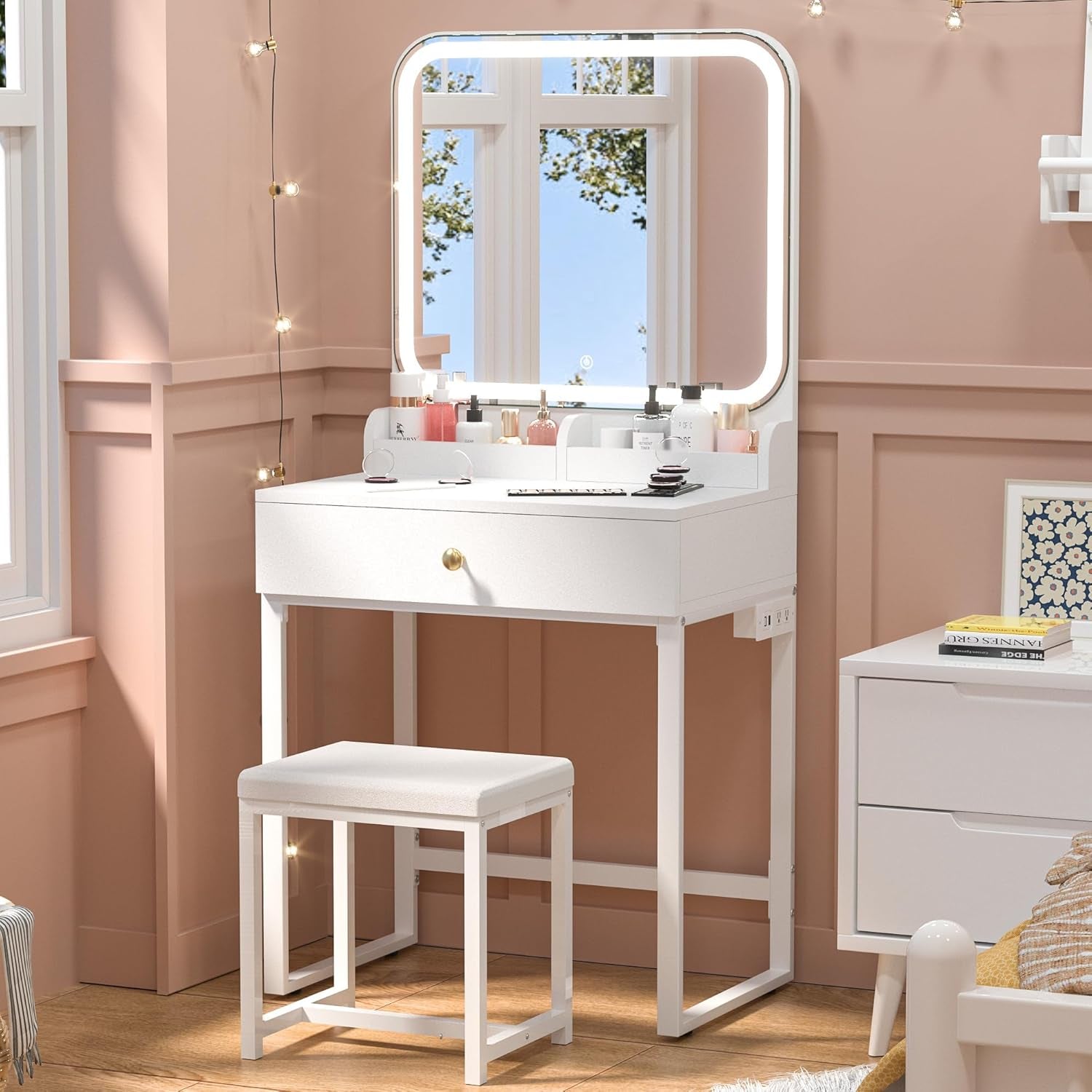 White Vanity Mirror with Lights, LED Makeup Vanity Desk with Large Drawer & 2 Makeup Trays & Chair, 7000 Lux Vanity Table with Lighted Mirror & Power Outlet, CRI＞90 Vanity Set for Bathroom