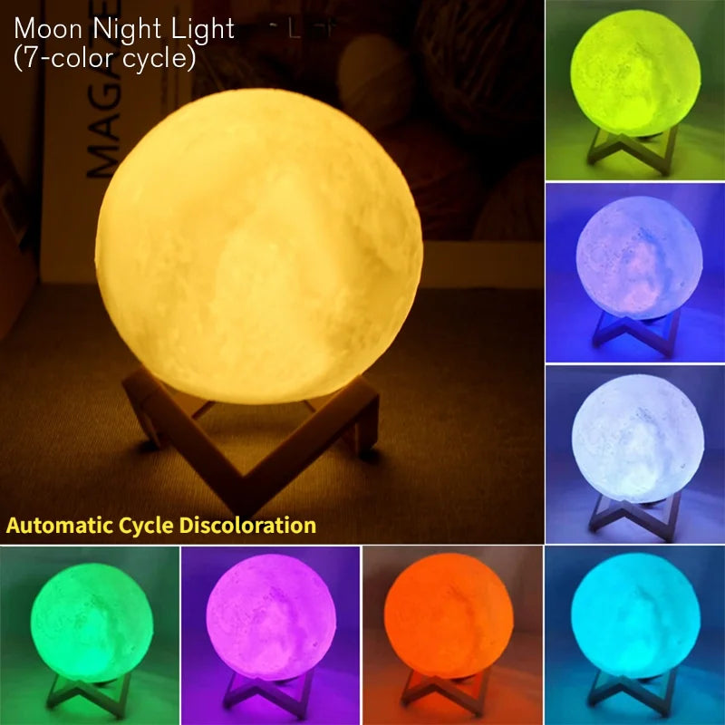 LED Night Light 3D Print Moon Lamp Battery Powered 7 Color Starry Night Lamp with Stand 8/10//12/15CM Bedroom Decor Kids Gift