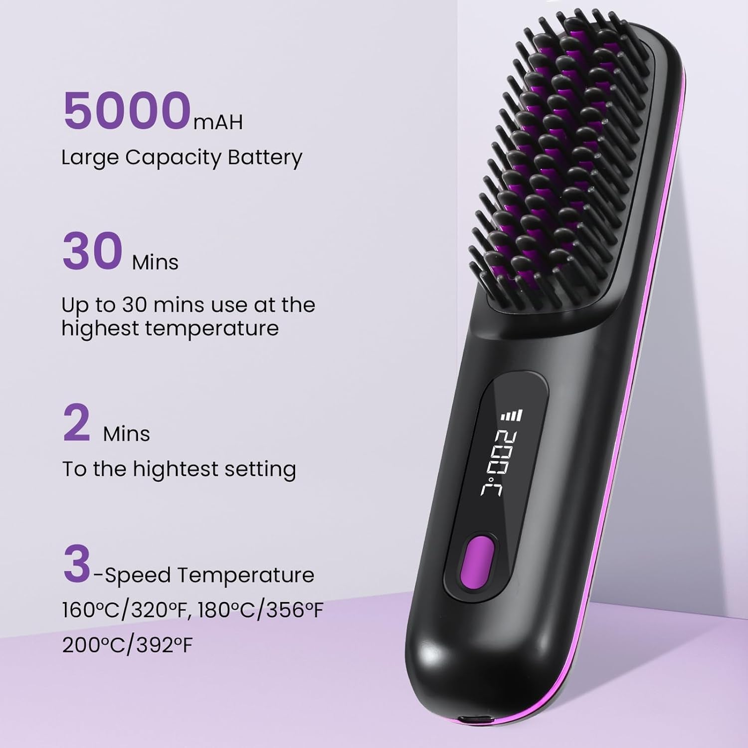 Cordless Hair Straightener Brush - Portable Mini Straightening Brush for Travel, Negative Ion Hot Comb for Women, Anti-Scald, Ceramic Coating - Black