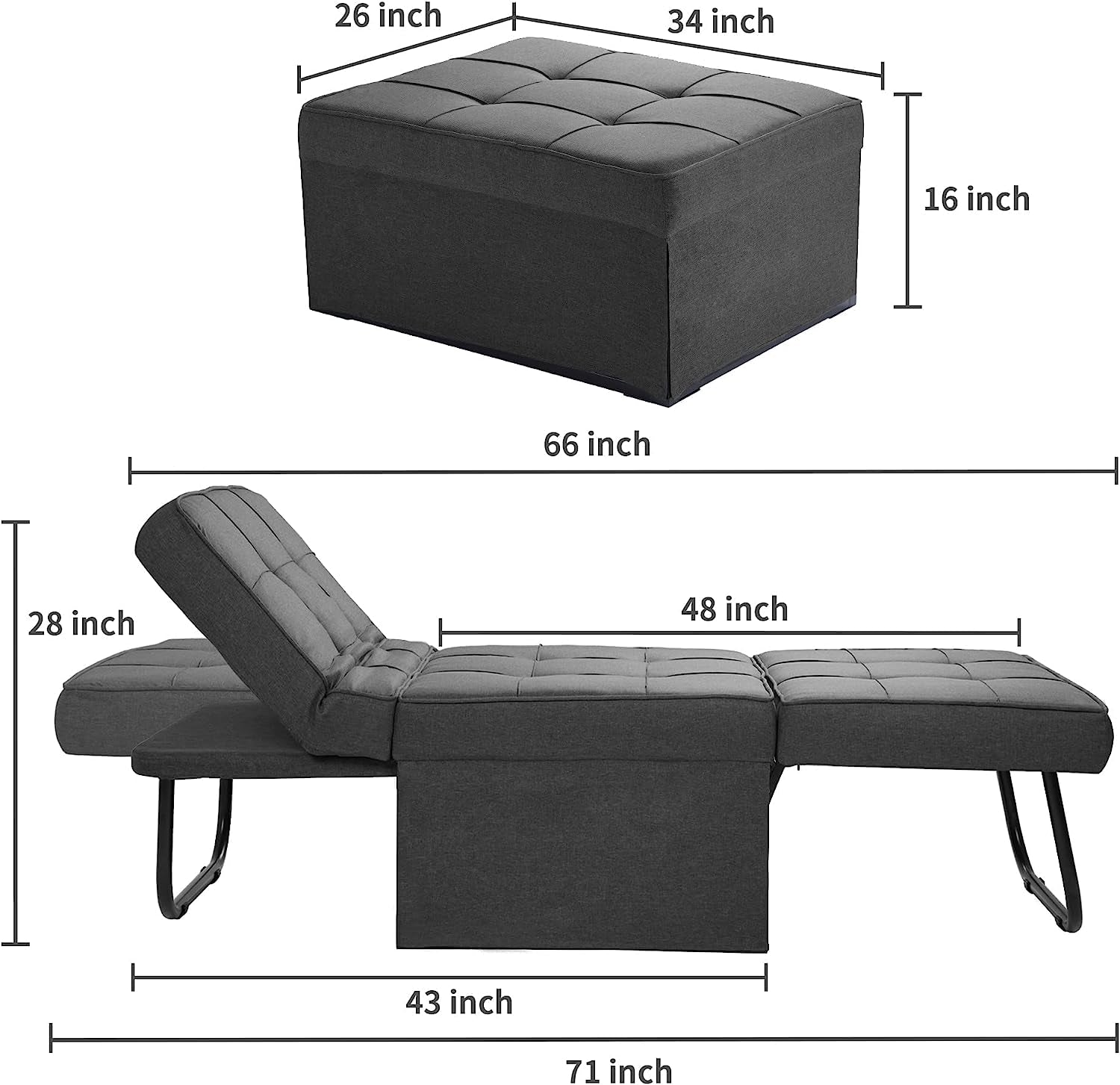 Sofa Bed, 4 in 1 Multi-Function Folding Ottoman Breathable Linen Couch Bed with Adjustable Backrest Modern Convertible Chair for Living Room Apartment Office, Dark Grey