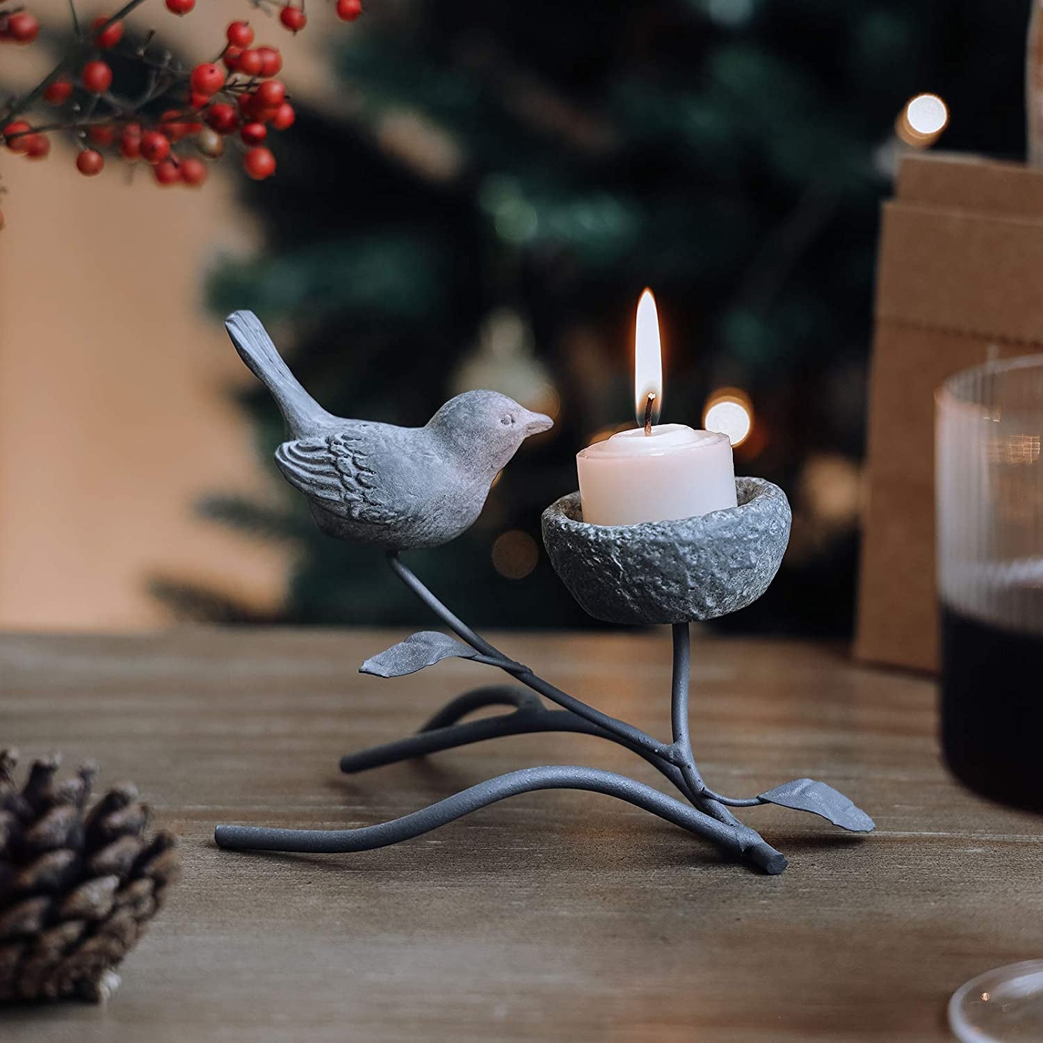 Votive Candle Holders, Vintage Home Decor Centerpiece, Iron Branches, Resin Bird and Nest, Tabletop Decorative Tealight Candle Stands,Creative Artwork (Grey Black)