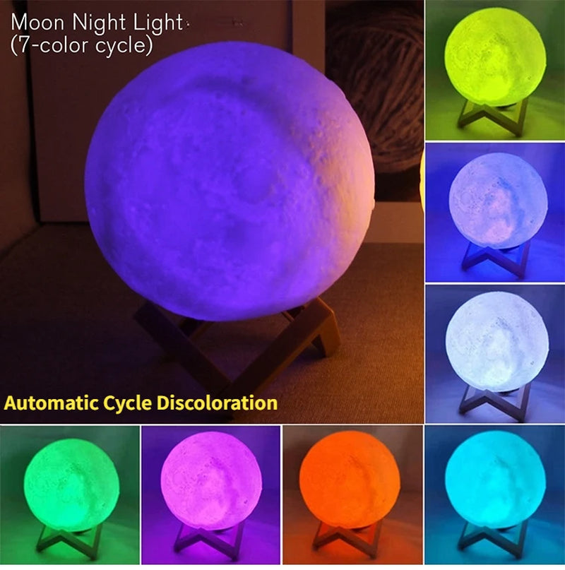 LED Night Light 3D Print Moon Lamp Battery Powered 7 Color Starry Night Lamp with Stand 8/10//12/15CM Bedroom Decor Kids Gift