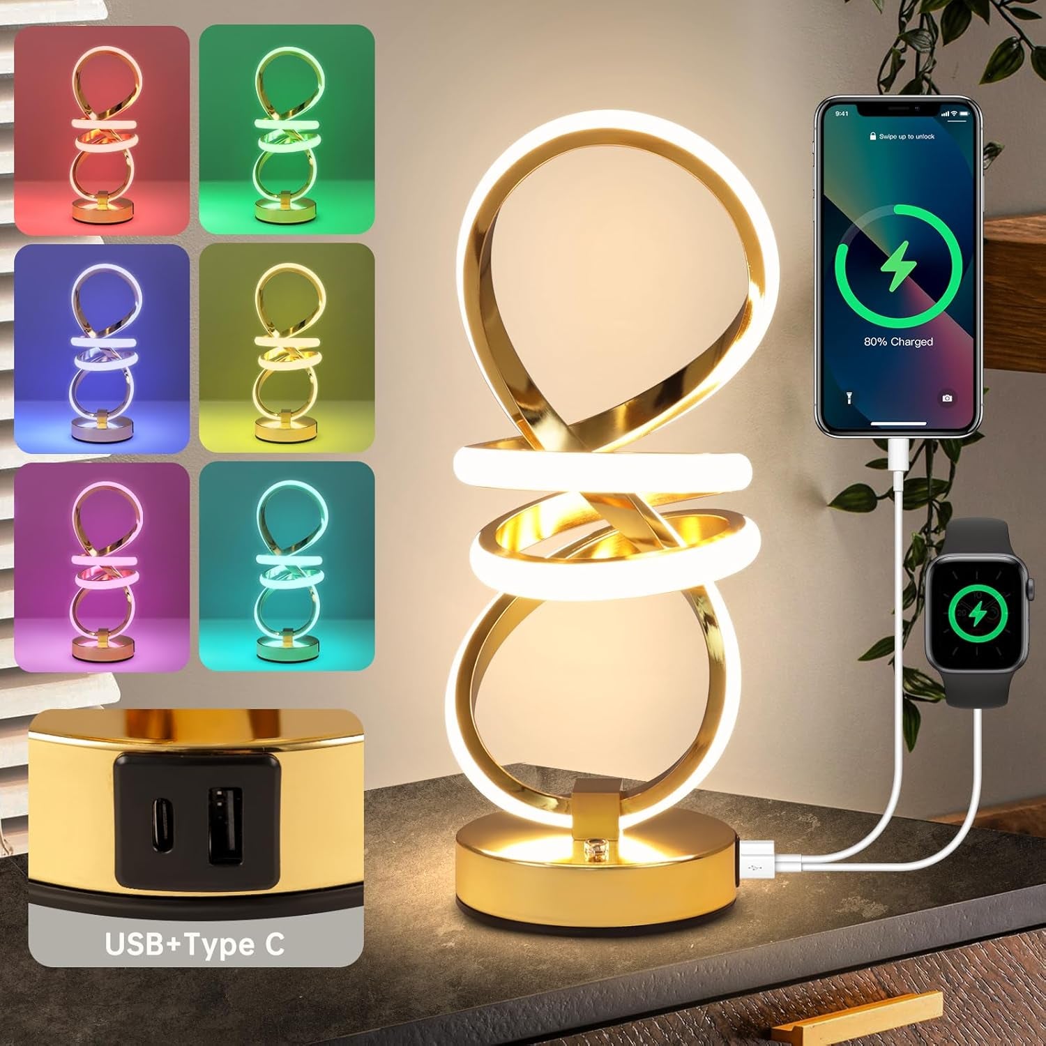 RGB Spiral Table Lamp, Modern LED Table Lamp, Chrome Cool Bedside Lamps, 7 Colors & 10 Light Modes Touch Dimmable LED Nightstand Lamp with Usb/Type C for Bedroom, Living Room, Gift Table Lamp, Gold