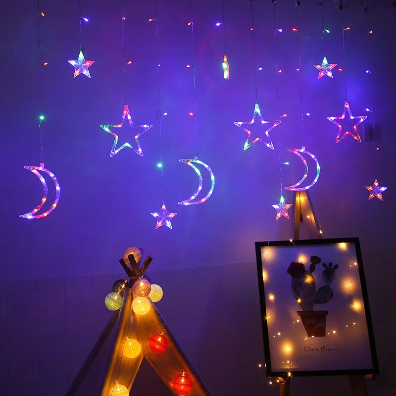 LED Curtain Fairy Lights 3.5M Star Moon Light Romantic LED String Garland Christmas Wedding Decoration for New Year Party Decor