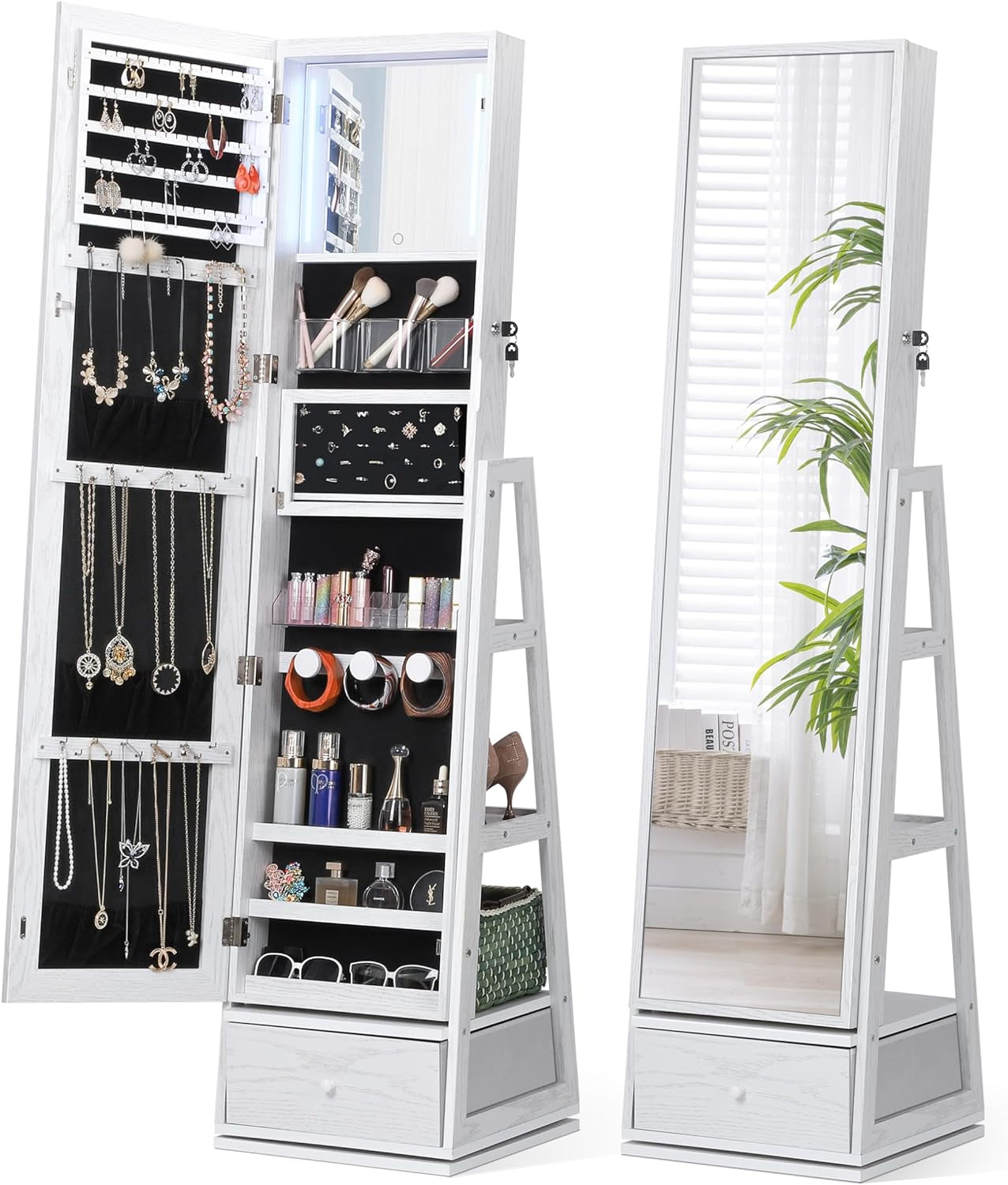 360° Swivel Jewelry Cabinet with Lights, Touch Screen Vanity Mirror, Rotatable Full Length Mirror with Jewelry Storage, Standing Jewelry Armoire Organizer, Foldable Makeup Shelf, White