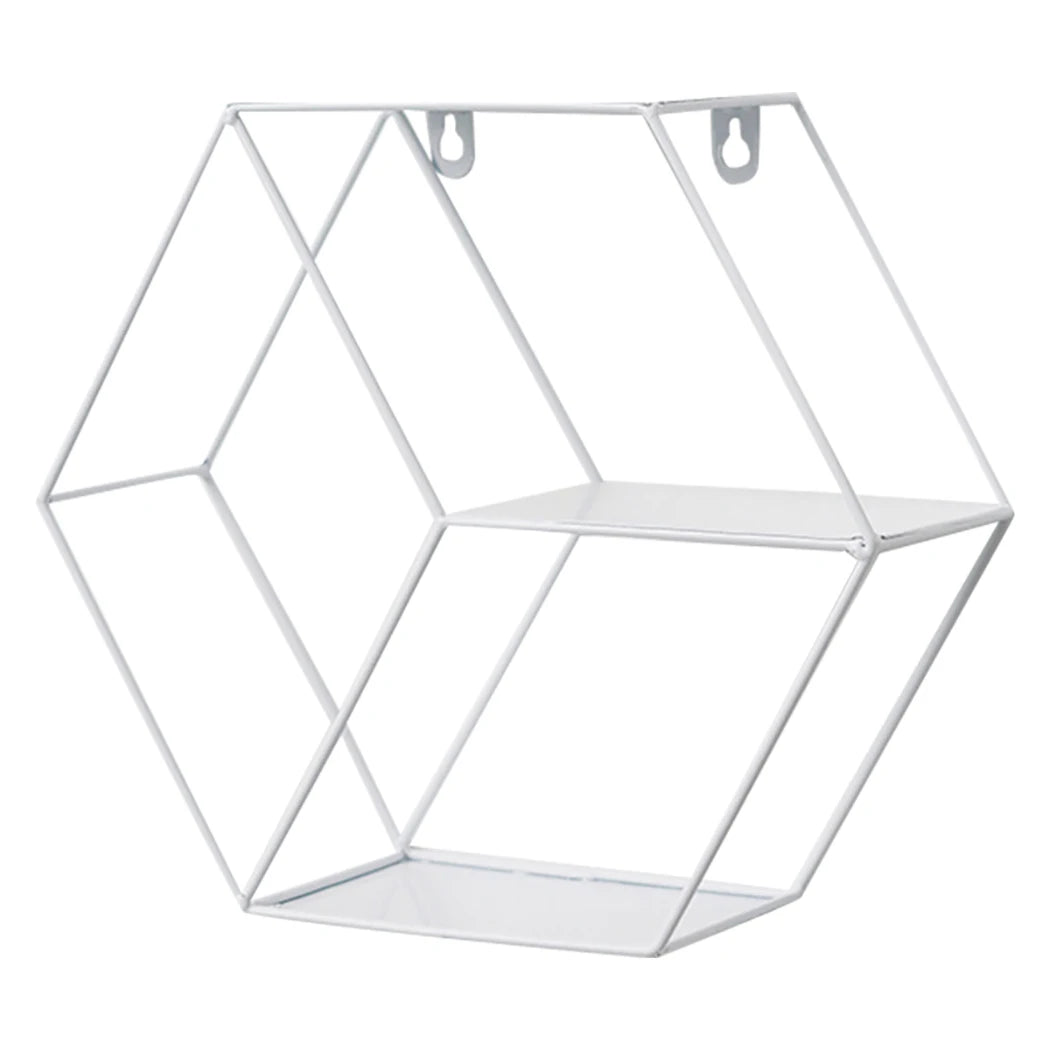 Nordic Style Wall Mounted Floating Hexagon Shelf Metal Iron Framed Storage Holder Rack with Non-Trace Hook Geometric Frame Stand