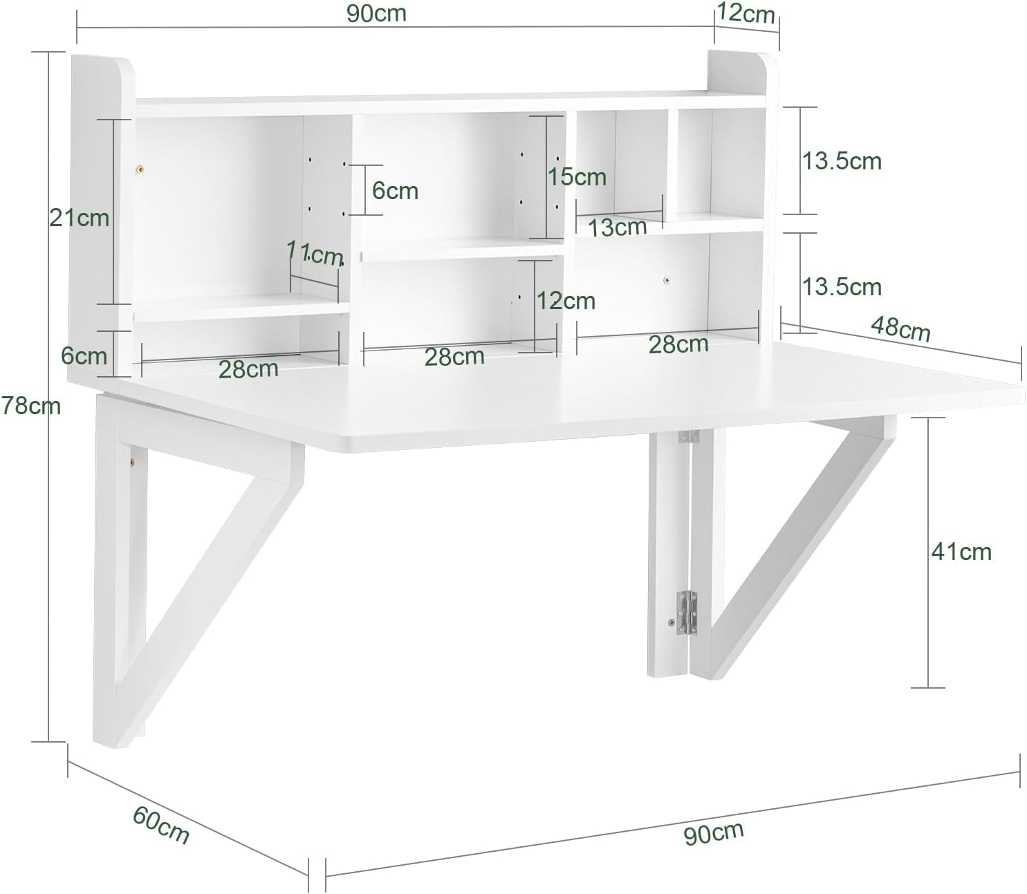 Wall Mounted Folding Table Drop-Leaf Floating Desk Trestle Desk Computer Table Writing Workstation with Storage Compartments, White, FWT07-II-W