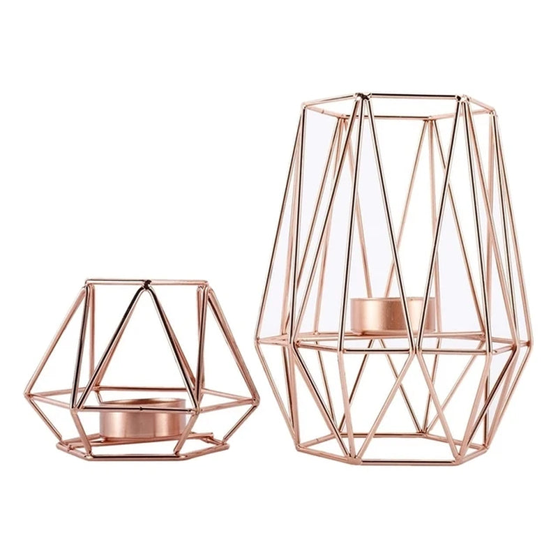 Set of 2 Gold Geometric Metal Tealight Candle Holders for Living Room & Bathroom Decorations - Centerpieces for Wedding & Dining